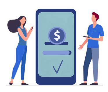 People sending and receiving money. Mobile phones, transfer, transaction flat vector illustration. Online payment, banking, paying concept for banner, website design or landing web page